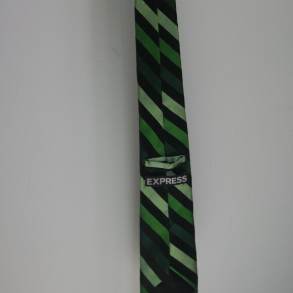 Express Mens Necktie Tie 100% Silk Green Black Diagonal Stripe - Picture 9 of 10